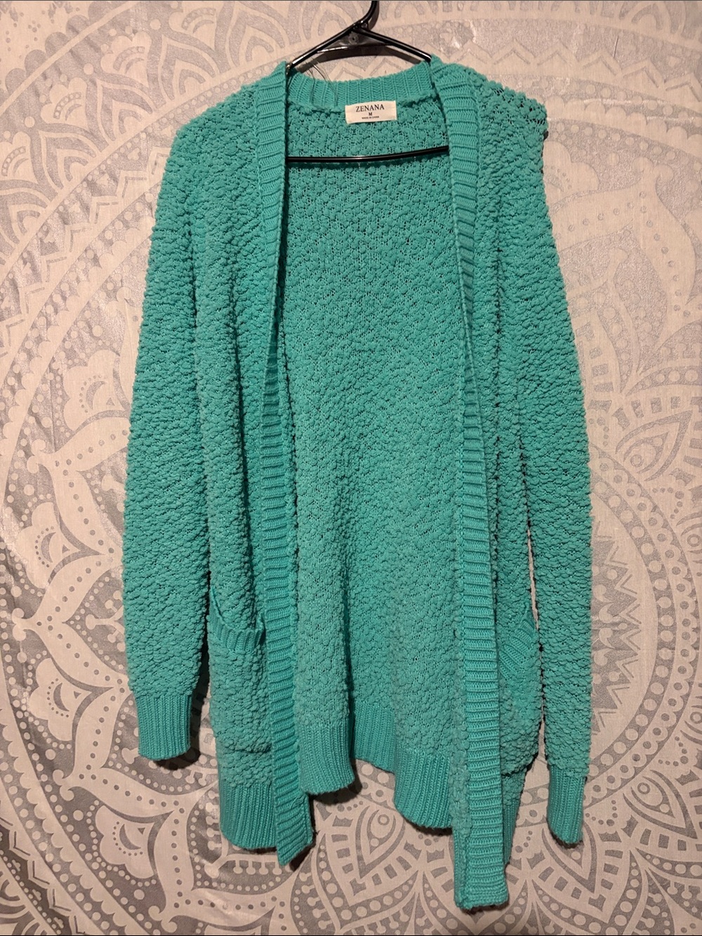 Zenana Mint Green Popcorn Knit Open Front Cardigan Sweater Pockets M